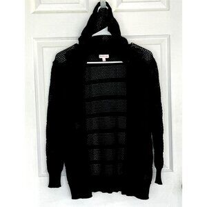 Design History Open Crochet Hooded Cardigan sz L Pockets Black Grannycore